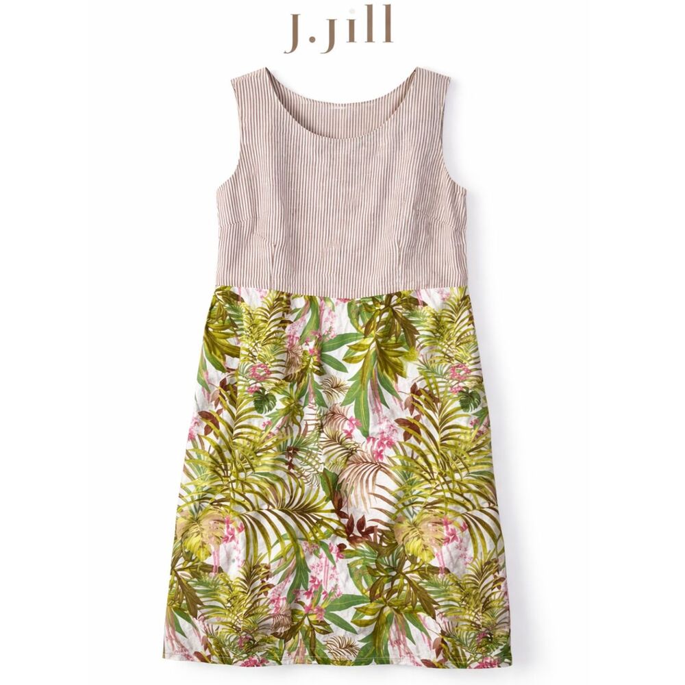 J Jill Linen Tropical Palm Dress Sleeveless A-Line Resort Coastal